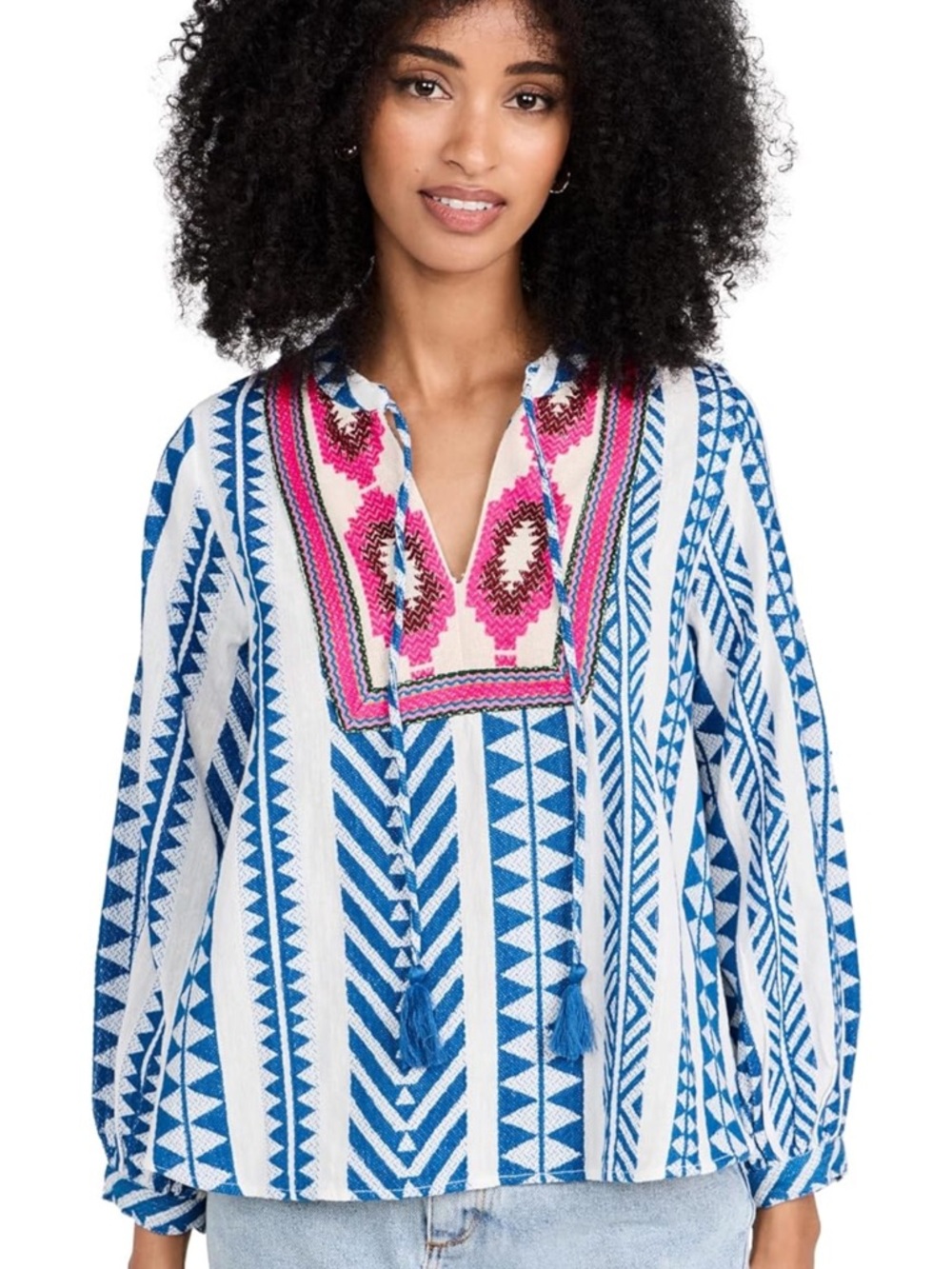 Marea Elizabeth Aztec Embroidered Blue Stripe  Long Sleeve Swing Blouse EUC, M